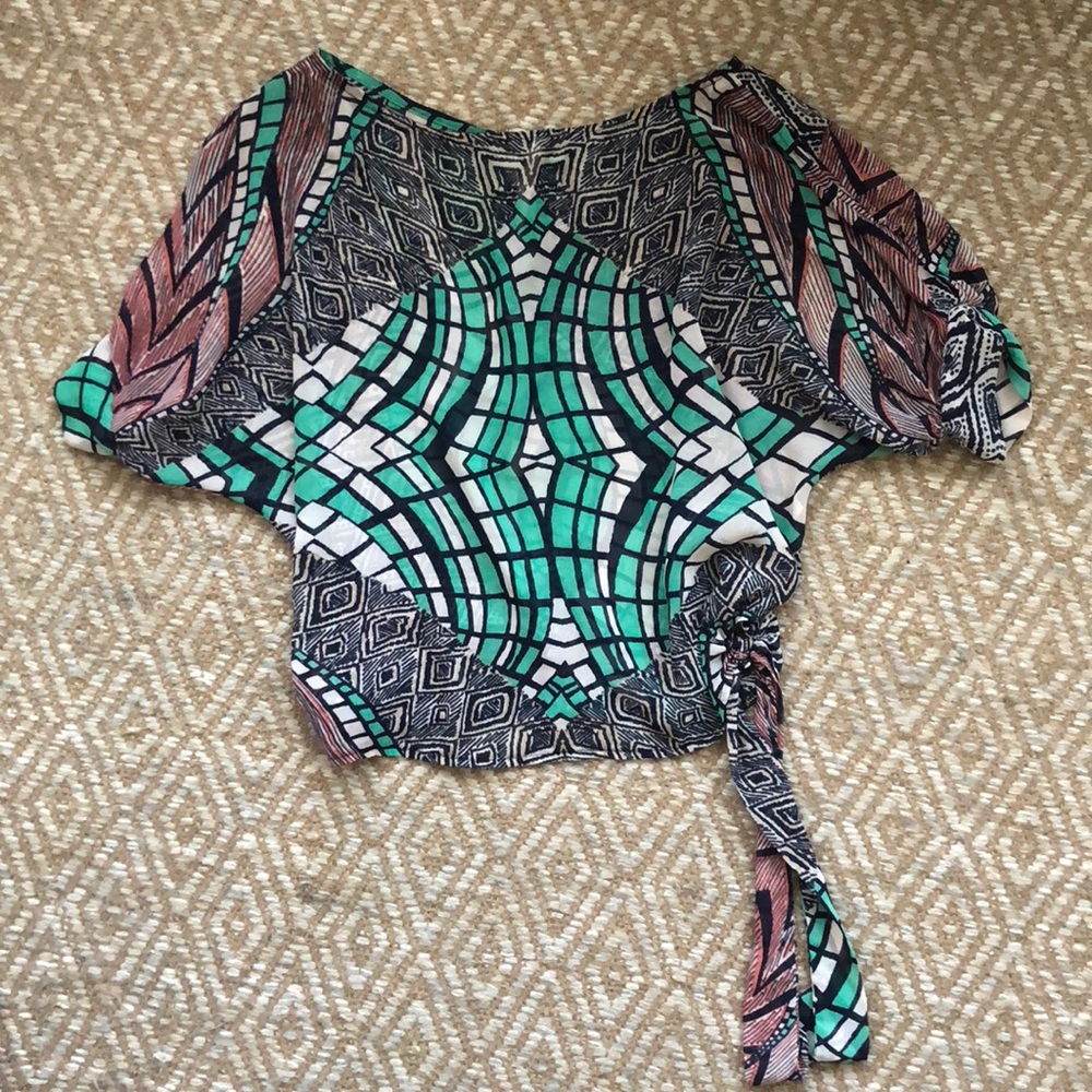 Sheer Patterned Blouse With Tie & Keyhole Sleeves - image 1